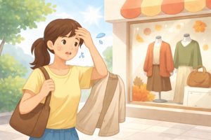 秋物が気になるのに暑くて迷う状況を分かりやすく表したイラスト