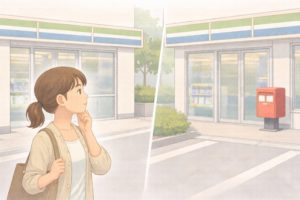コンビニに郵便ポストがある場合とない場合を示すイラスト