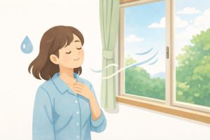 涼しさの体感が気温だけでなく湿度や風でも変わることを表したイラスト