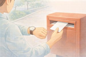 郵便ポストの集荷時間を意識して投函する様子のイラスト