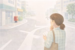 土地勘がなく郵便ポストを見つけにくい状況を表したイラスト