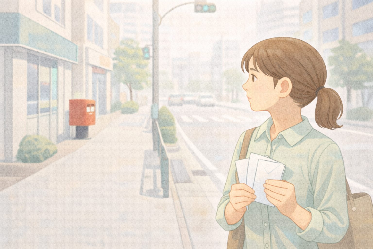 外出先で郵便ポストを探している様子を表したイラスト