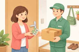 ゆうパック集荷時の現金や切手での支払いを表したイラスト