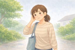 小雨だから傘なしで出て少し濡れてしまうあるあるを表したイラスト