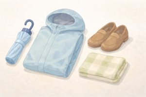 降水量1mmの日に役立つ雨具の選び方を整理したイラスト