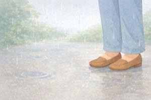 降水量1mmで地面や足元がうっすら濡れる様子のイラスト