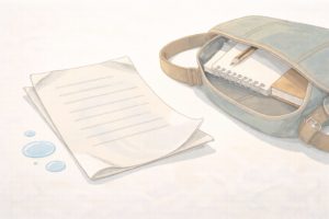 バッグや水分で紙が傷みやすい日常の様子を表したイメージ