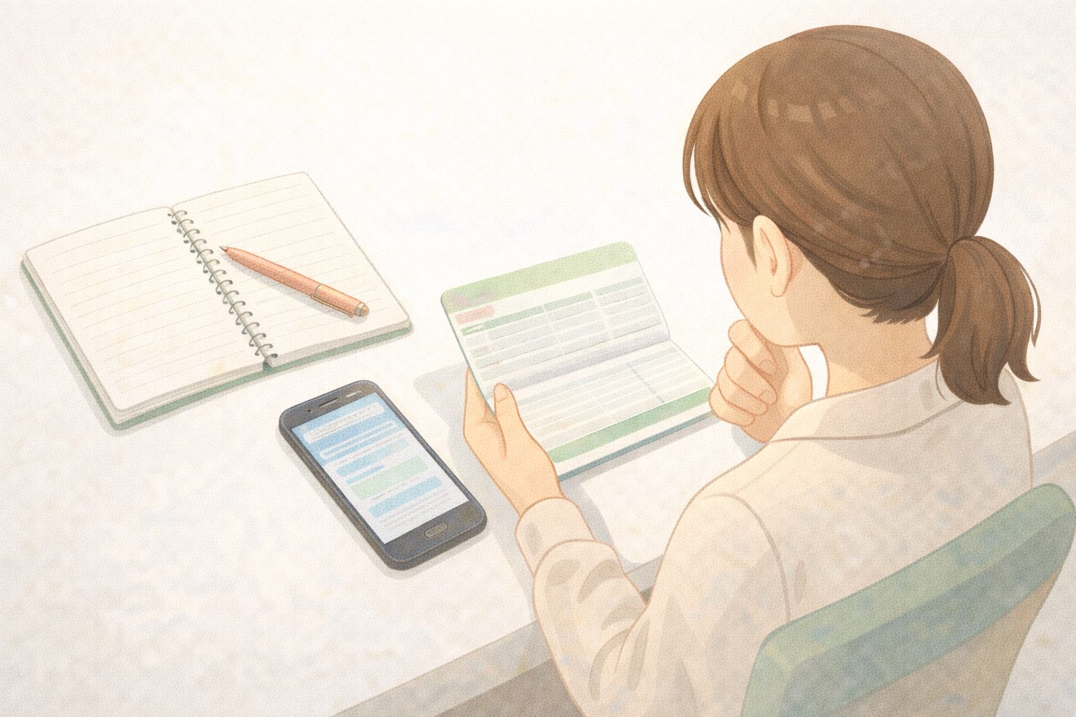 ゆうちょ銀行の支店名や支店コードを落ち着いて確認するイメージのイラスト