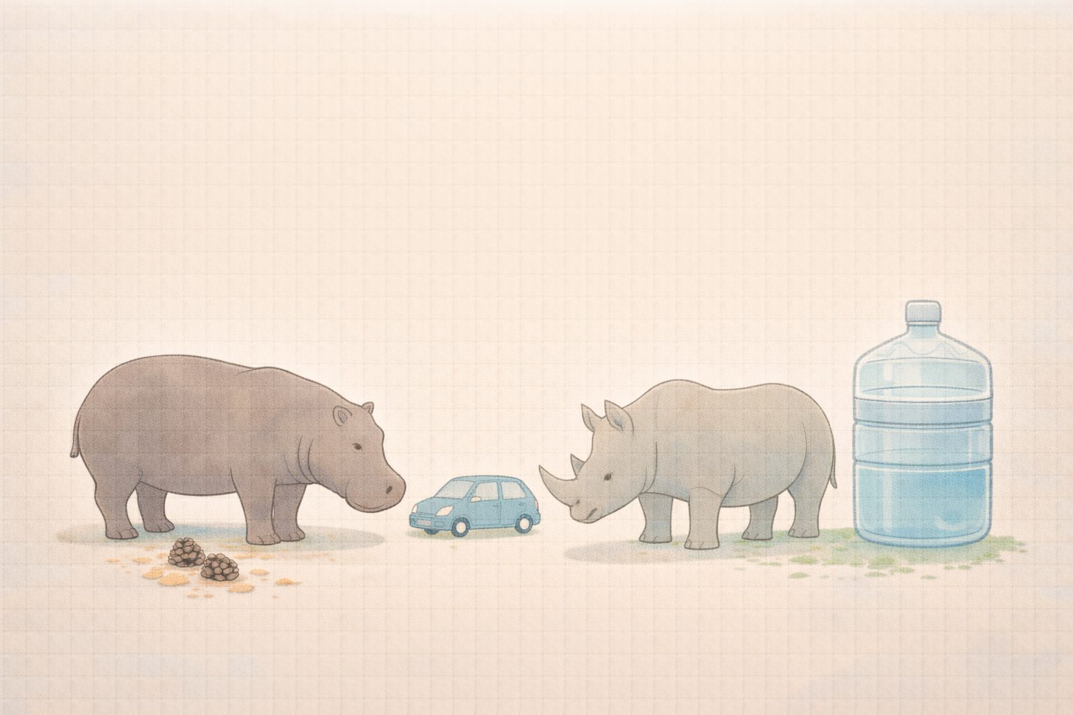 1トンの重さを動物や身近な物でイメージするためのアイキャッチイラスト