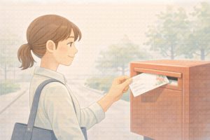 切手を正しく貼り、安心してはがきを投函しているイメージ