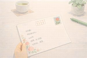 切手を丁寧に貼ることで、はがき全体の印象が整っているイメージ