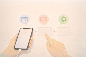 年齢条件・入力形式・端末設定の順に切り分ける考え方のイラスト