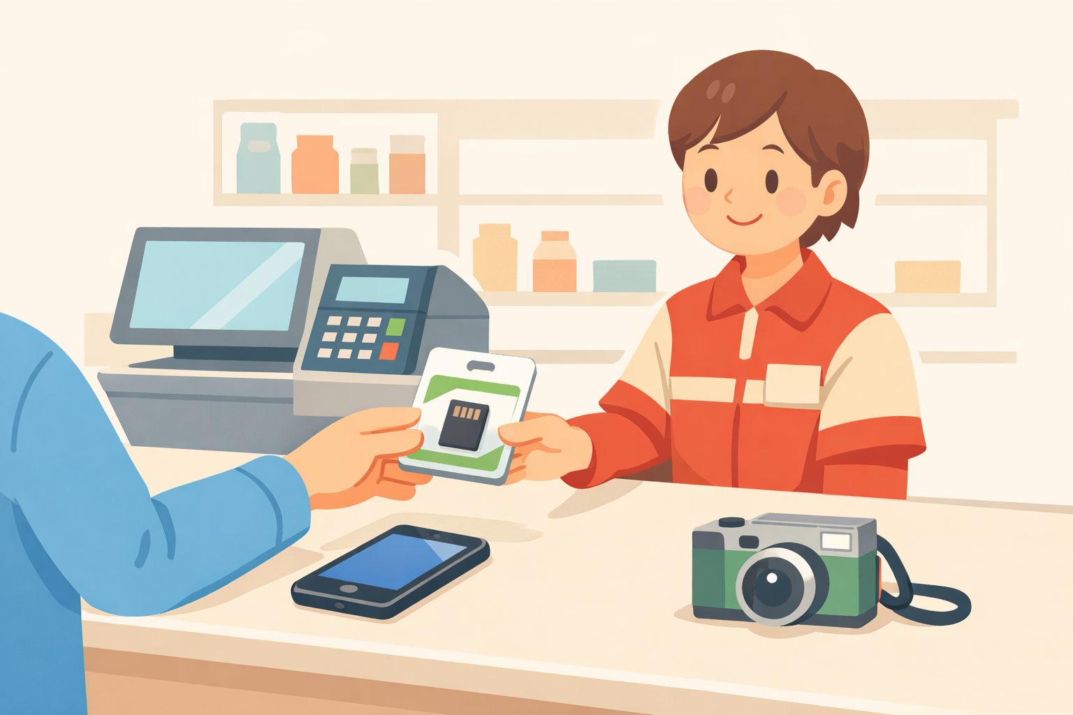 コンビニでmicroSDカードを選んで買うイメージイラスト