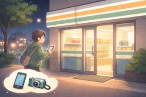 急に必要になりコンビニでmicroSDを買う場面のイメージ