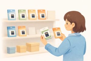 店舗によって在庫や品ぞろえが違うことを表す棚のイメージ