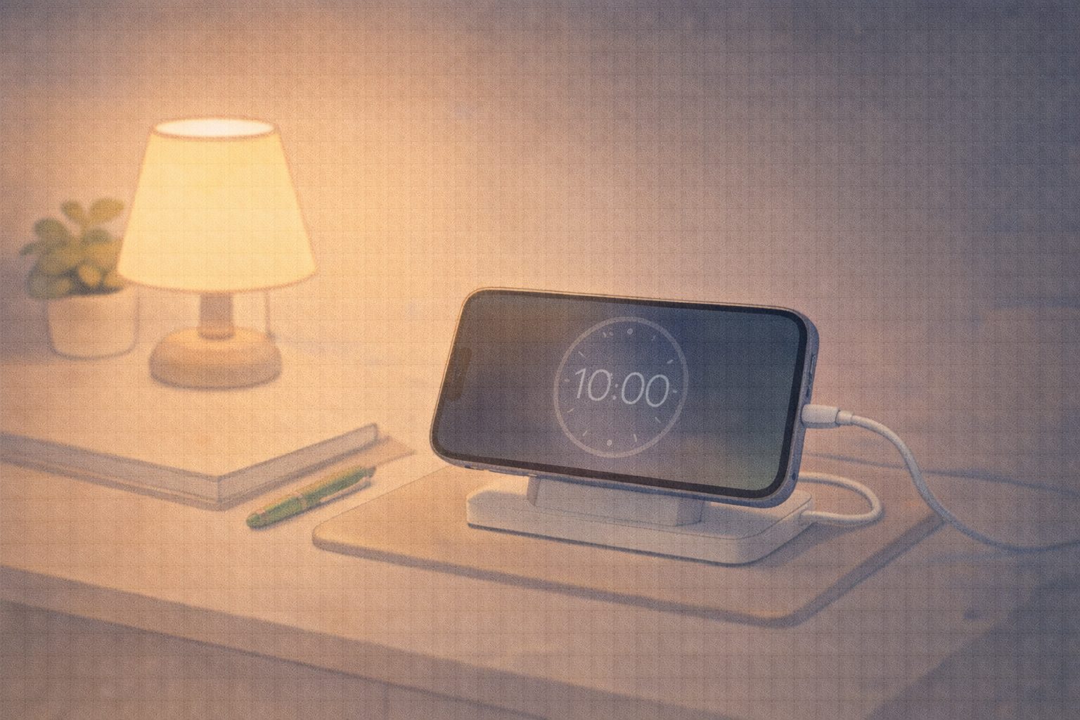 充電スタンドに置いたiPhoneのスタンバイモードを寝室で使うイメージ