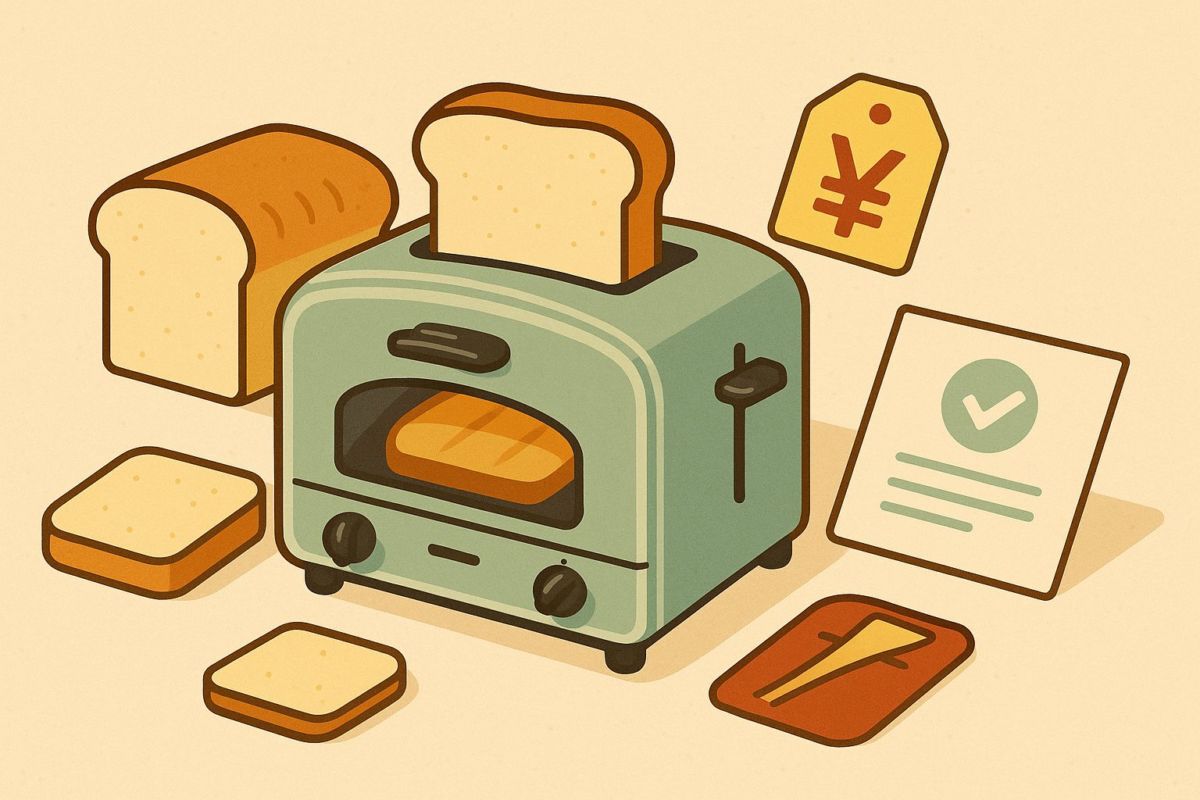 アラジントースターとジャパネットモデルを比較するイラスト。中央にクラシックなトースター、背景にパンや保証書、価格タグを柔らかい色合いで配置