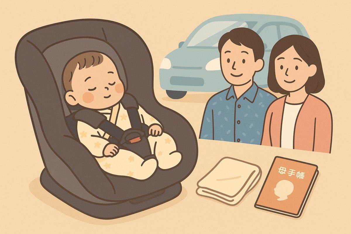 退院時に赤ちゃんを安全に迎えるためのチャイルドシートと家族の安心感を表すイラスト