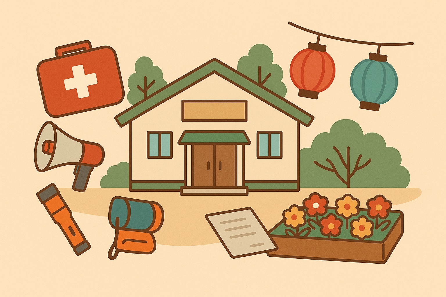 町内会館を中心に地域活動を象徴する小物を配置したイラスト