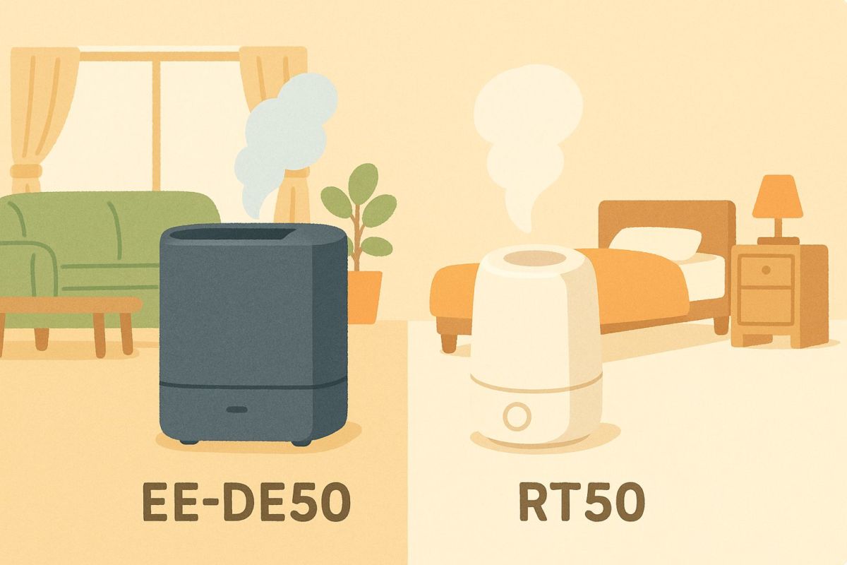 EE-DE50とRT50加湿器の違いを比較したイラスト。リビング用と一人暮らし用を並べて特徴を表現