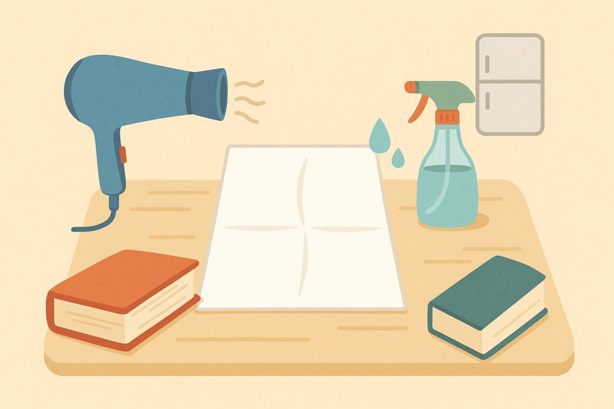 折れた紙をアイロン以外で元に戻す方法を表現したイラスト。机の上で紙がまっすぐに伸ばされ、周囲にドライヤーや霧吹きが置かれている様子