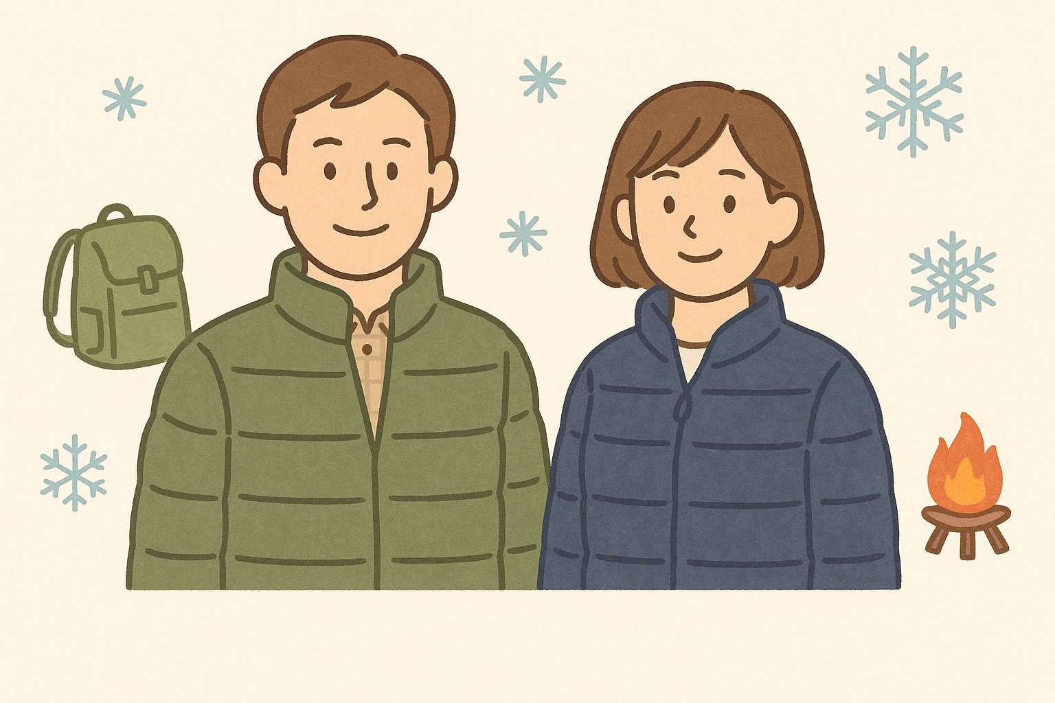 薄くて暖かい中綿ポリエステル100ジャケットを着た人物のイラスト（冬のアウトドア背景付き）