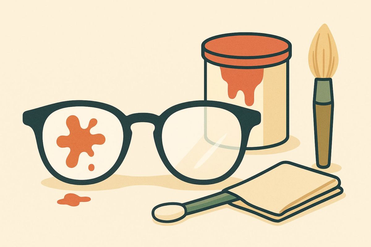 塗料の付いた眼鏡をクリーニングするイメージのアイキャッチイラスト