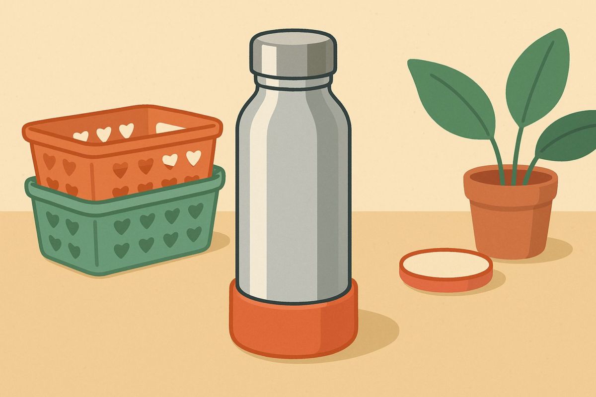 水筒にぴったりフィットするシリコン底カバーをイメージした、明るい和風テイストのアイキャッチイラスト