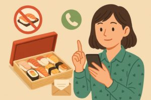 スマホでスシローの持ち帰り予約画面を確認する若い女性のイラスト
