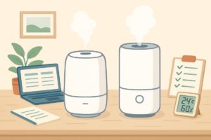 alt文:EE-DC50とEE-DE50の基本仕様をイメージする加湿器と室内風景