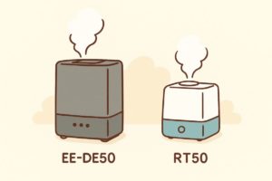 EE-DE50とRT50加湿器の外観比較イラスト。サイズや特徴を直感的に理解できる図