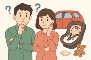 退院時にチャイルドシートを怖いと感じるママとパパの不安を表すイラスト