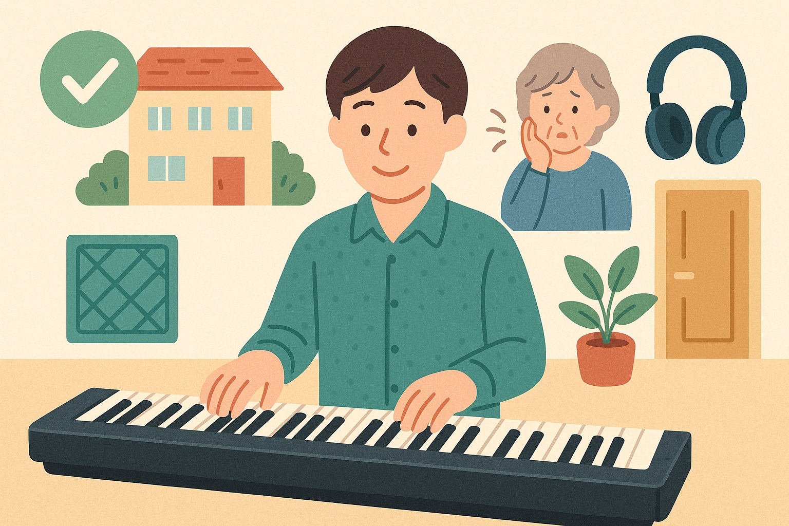 賃貸でキーボードを安心して演奏する環境をイメージしたイラスト