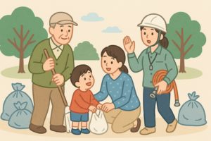 公園で地域住民が掃除や防災訓練をする様子のイラスト