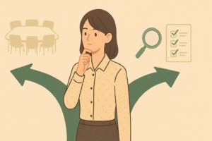 分岐点で選択を考える女性と会議・矢印・ルーペの要素を配したフラットイラスト