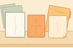 さまざまな種類の紙が並び、それぞれ折れ目が直されているイメージ