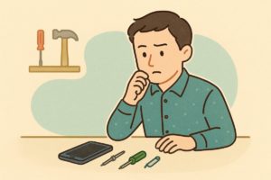 iPhone修理に挑戦する前に必要な工具を考えている人のイラスト