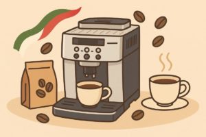 家庭用エスプレッソマシンとコーヒー豆を背景にしたイラスト