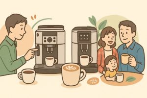 マグニフィカSとスマートを囲み、家族と一人暮らしの利用シーンを合わせたイラスト