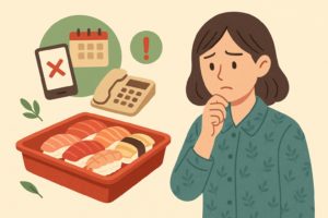 スシローのキャンセル手続きをスマホで行う30代男性のイラスト