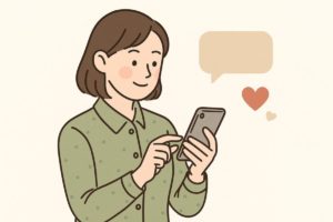 スマートフォンで感謝のメッセージを送る女性のイラスト