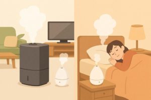 EE-DE50はリビング向け、RT50は寝室や一人暮らし向けとして使う違いを描いたイラスト