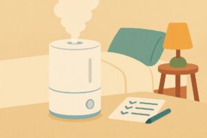 alt文:EE-DC50の特徴を示す静音性と清潔感のある加湿器イラスト