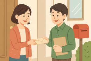 班長が家庭を訪問して町内会費を受け取る様子のイラスト