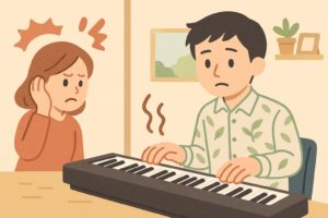 薄い壁越しにキーボード音が隣室に響く様子を表現したイラスト