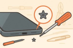 iPhone底面の小さな星形ネジと専用ドライバーを強調したイラスト