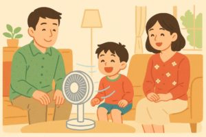 リビングでサーキュレーターを使い快適に過ごす家族のイラスト。