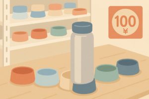 100均の棚に並ぶカラフルな水筒用シリコンカバーを描いたイラスト