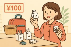 100均で揃えられる変換プラグやUSB充電器を描いたイラスト