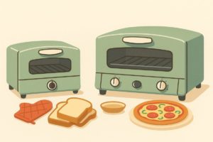 2枚焼きと4枚焼きのトースターを並べ、背景にトーストやピザを描いた性能比較のイラスト